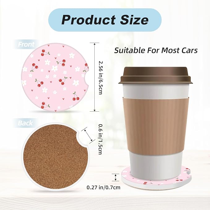 Pink Cherry Car Coasters for Cup Holders,2 Pack Car Cup Holder Coasters for Car,Ceramic Absorbent Car Coaster with A Finger Notch and Cork Base,Car Interior Accessories for Women Men