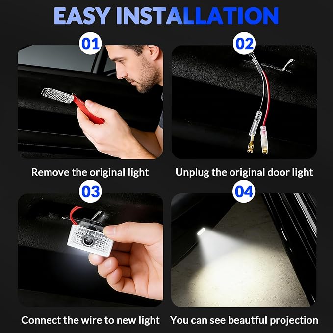 4 Pack Logo Puddle Lights Compatible - Model 3 Y S X HD Door Logo Projector Lights with Extension Cable for Secure Fit Ultra Bright Never Fade Welcome Lamp Car Accessories Only Letters