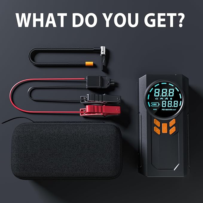 Jump Starter with Air Compressor, 5000A 160PSI Battery Jumper Starter Portable (9.0 Gas/8.0L Diesel), 12V Jump Box Car Battery Jump Starter with Smart Jumper Cables, LED Light, LCD Display