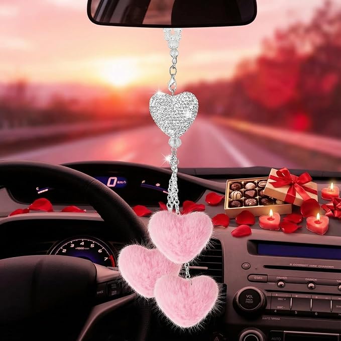Frienda Pink Car Rear View Mirror Accessories for Women Bling Heart Shaped Rhinestone Hanging Charm Sparkly Rear Mirror Ornament Pendant Gift for Girlfriend Wife Female Drivers Car Interior Decoration