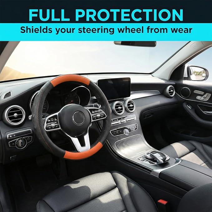 Car Steering Wheel Cover, Breathable Carbon Fiber Vehicle Steering Wheel Protector with Anti-Slip Lining, Automotive Interior Accessories, Universal for SUV RV Truck (Black Orange)