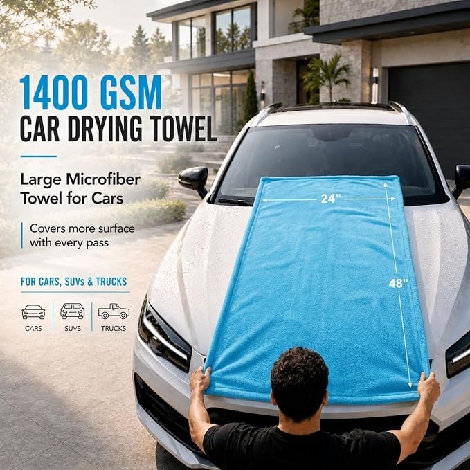 teworld® Car Drying Towel, Extra Large 48 x 24 Inch, 1400 GSM, Dual-Color | Twisted Loop Microfiber Towel for Cars - Absorbent Car Dry Towel and Car Wash Towel for Streak-Free, Paint-Safe Car Detailing