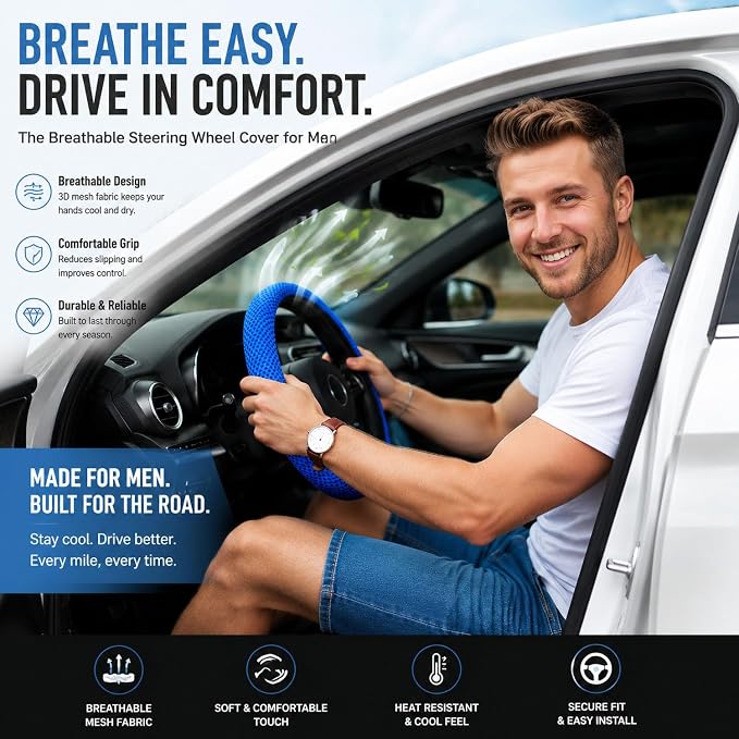 Mesh Ice Silk Cooling Car Steering Wheel Cover for Men Women,Summer Universal Breathable Stretch Anti-Slip Wheel Cover 14.5-15" for Cars, Trucks, Pickups, SUVs (Blue)