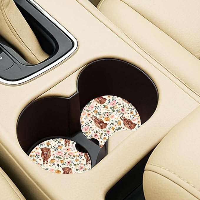 Ceramic Car Coasters – Absorbent Car Cup Holder Coaster Set for Women, Cute Aesthetic Car Accessories for Girls, 2 Pack (Mocha Mousse)