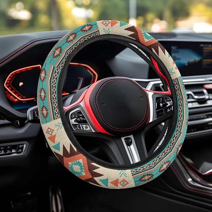 Wanyint Southwest Aztec Beige Cyan Auto Steering Wheel Cover for Women Men, Universal 15 Inch Soft Elastic Steering Wheel Wrap Anti-Slip Easy to Install Car Accessories