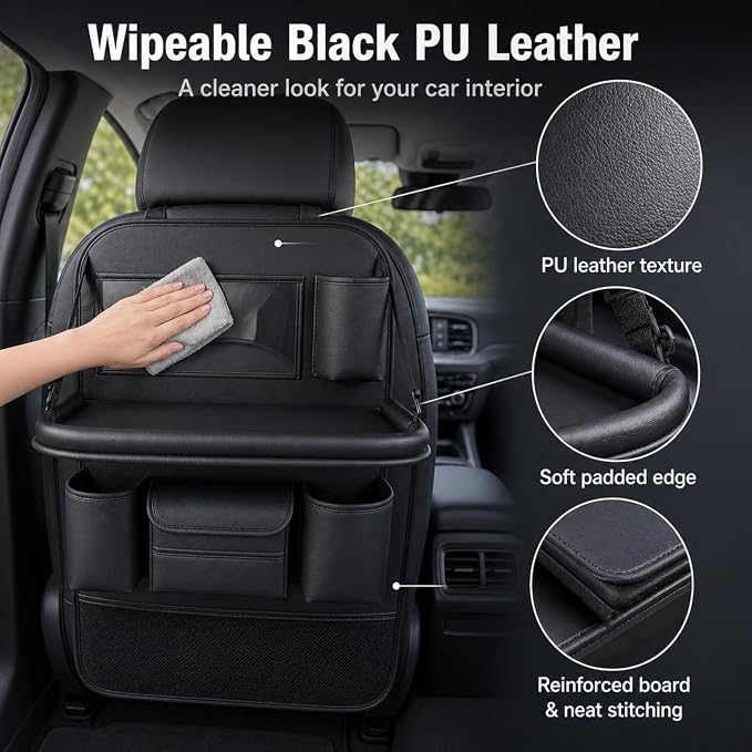 Backseat Car Organizer with Tray, PU Leather Back Seat Organizer, Foldable Seat Back Storage with Tissue Holder, Cup Holders for Family Road Trips, Black, 1 Pack