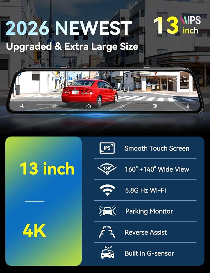 2026 Ultrawide 13’’ 4K Rear View Mirror Camera with Carplay&Android Auto, 5.8GHz WiFi Smart Rearview Mirror with Voice Control/Split Screen, 64GB Card Included,Reverse Assist/Loop Record/G-Sensor