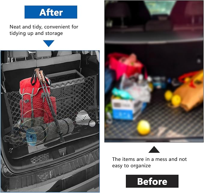 Car Rear Cargo Net Exterior Accessories, Adjustable Elastic Trunk Cargo Storage Organizer Net, Nylon Mesh Double-Layer with Hooks Compatible with Car, Trucks, SUV (39.4"x 15.7")