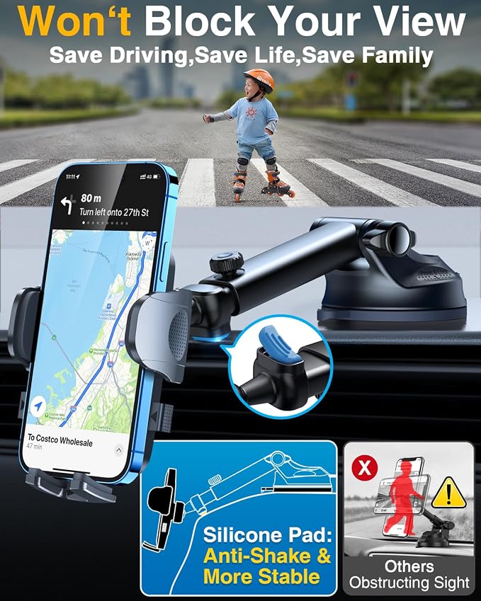 YRU True Military-Grade [360° Rotation Suction] 2026 Ultimate Car Phone Holder Mount【90+LBS Safest Strongest & Patent Certs】 Dash Windshield for iPhone 17 16 Pro Max Speakerphones, Matt Black