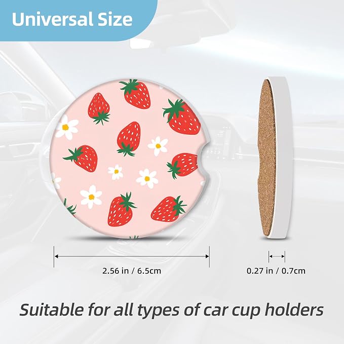 2 Pack Car Coasters for Cup Holders, 2.56" Universal Absorbent Ceramic Stone Car Cup Holder Coasters with Non-Slip Cork Base, Car Interior Accessories for Women Men(Cute Strawberry)