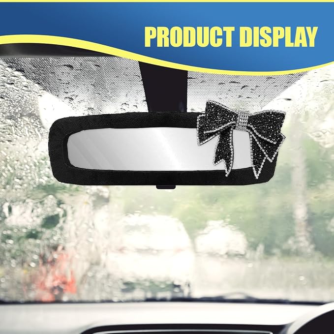 Bling Bow Car Rearview Mirror Cover, Plush Rhinestone Auto Rear View Mirror Elastic Protector, Universal Vehicle Interior Mirrors Edge Decoration Accessory for Cars, SUVs, Trucks (Diamand)