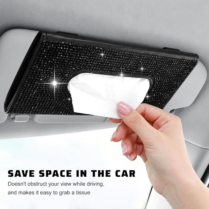 Bling Car Sun Visor Tissue Box Holder, Sparkling Auto Sun Visor Napkin Box Mask Holder, PU Leather Glitter Rhinestone Backseat Paper Towel Case for Cars Trucks SUVs (Black)