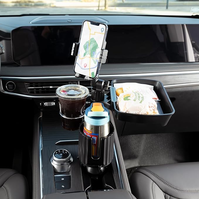 Car Large Cup Holder Expander, 4-in-1 Cupholder Extender with Phone Holder & Swivel and Detachable Snack Food Tray Table for Eating, Travel Essentials for Road Trips for Driver. Model F
