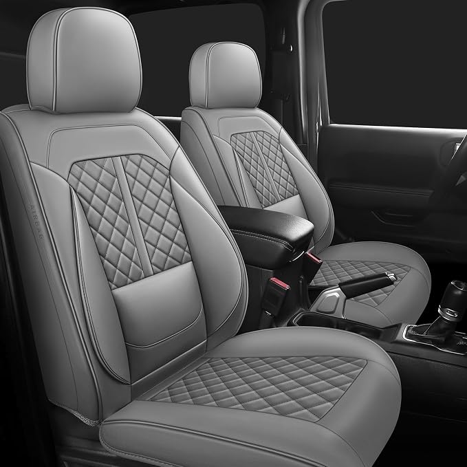 Wrangler Seat Covers 2007-2026,Custom Fit for Jeep Wrangler JK JL 4 Door Unlimited Sahara/Sport/Rubicon X 392 Willys,Waterproof Faux Leather and Lumbar Support (Grey, Front Pair-2 seats(18-26))