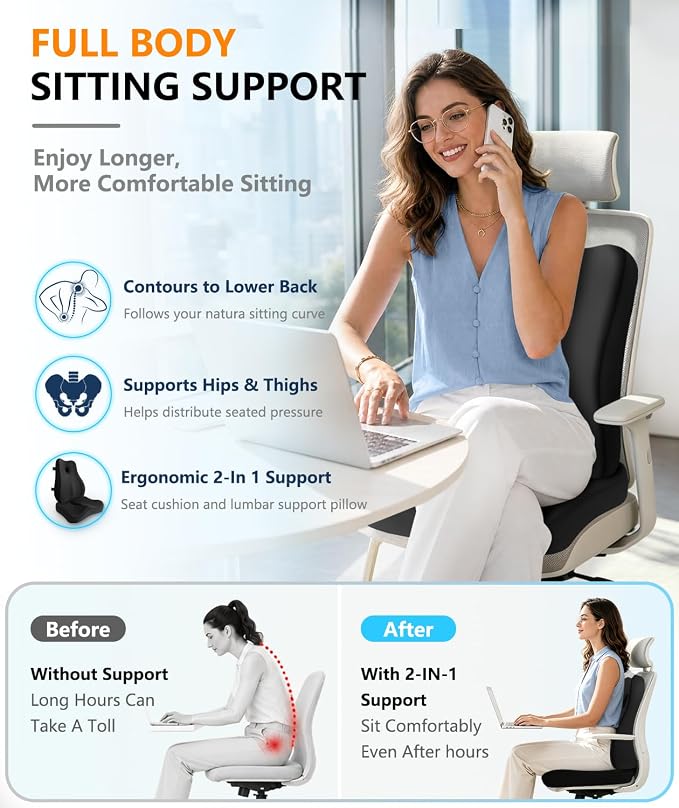 Lumbar Support Pillow & Seat Cushion for Office Chair, Memory Foam Office Chair Cushion for Tailbone Pain Relief and Lower Back Support, Ergonomic Desk Chair Cushion for Gaming,Wheelchair,Home