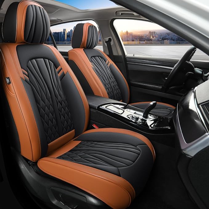 MINGBRON Car Seat Covers Front Seats, Car Seat Protector Waterproof, Car Seat Cushion Nappa Leather, Driver Seat Cover Brown Carseat Cover Universal Fit for Most Cars Brown&Black