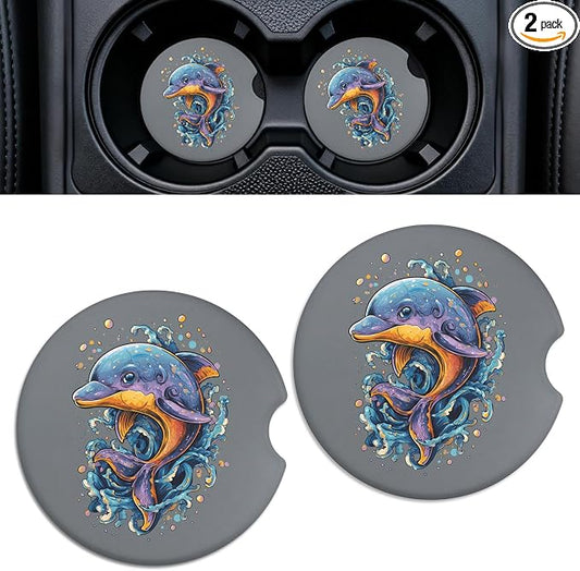 Car Cup Holder Ceramic Coasters 2 Pack, 2.56 in Anti Slip Absorbent Coaster with Cork Base and Finger Notch, Funny Cute Car Accessories Interior for Women, Whale