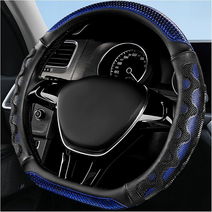 Car Steering Wheel Cover, Anti-Slip Breathable Steering Wheel Protector with 3D Honeycomb Design, Sporty Elastic Protective Cover for 14.5-15 Inch Flat Bottom Steering Wheels (Blue)