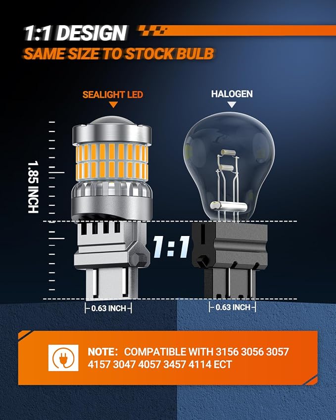 SEALIGHT Turn Signal Light Bulbs 3157 LED Bulb Amber, 700% Brighter 3156 3057 4157 4114 LED Bulb 57-SMD LED Chipset with Projector Len & Load Resistor for Turn Signal Light, Parking Light, Pack of 2
