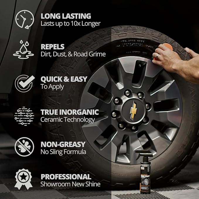 CERAKOTE® Rapid Ceramic Tire Coat - Long-Lasting Deep Black Tire Shine | Lasts up to 10X longer than traditional tire dressings with a natural satin and a no-sling ceramic finish. Car, truck, & SUV