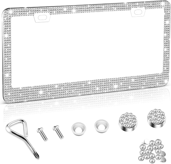 Amiss Bling License Plate Frame for Women, 1Pack Rhinestone Handcrafted Crystal Premium Stainless Steel, Stainless Steel Car Accessories with Diamond Sparkle Glitter Caps (White)