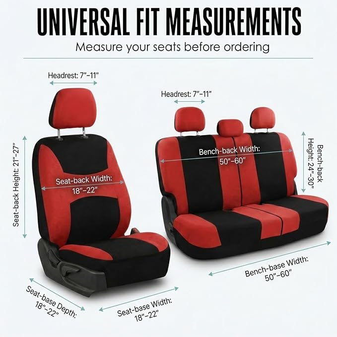 FH Group Car Seat Covers Full Set Cloth, Universal Fit combo, Automotive Covers, Low Back Front Airbag Compatible,Split Bench Rear Seat,Washable Cover for SUV,Sedan,Van Red