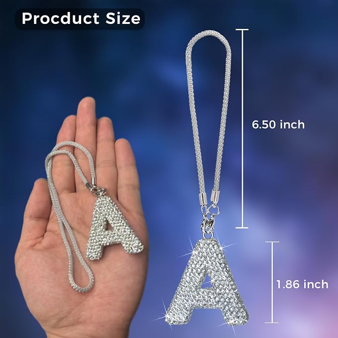 Bling Car Letter Charm, Rear View Mirror Ornament Cute Hanging Crystal Pendant Bling Car Accessories, Lucky Diamond Rhinestone Women Charm Auto Decoration (White A)