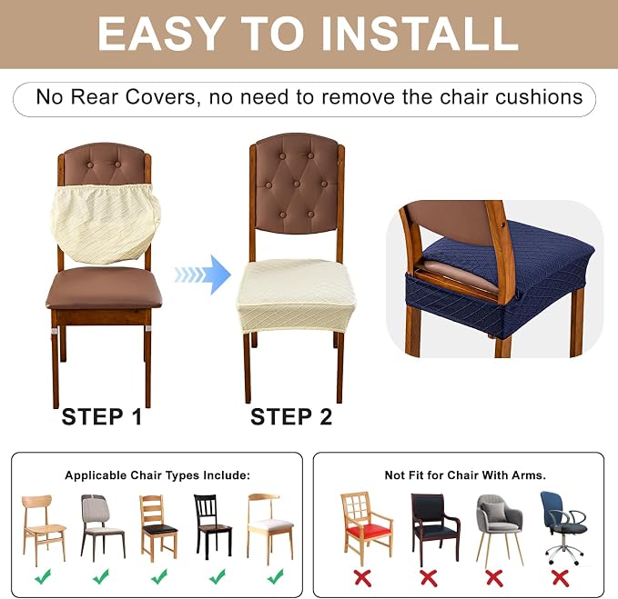 Genina Waterproof Seat Covers for Dining Room Chairs Covers Dining Chair Slipcovers Protector, No Rear Covers (Navy Blue, 6 Pcs)