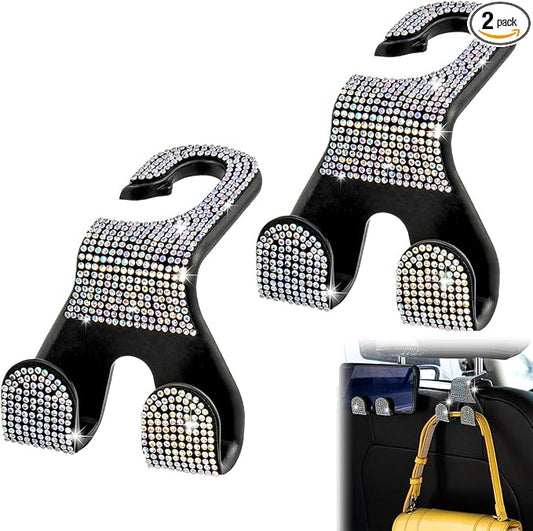 Bling Car Purse Hooks 2Pcs, Rhinestones Car Headrest Hook Backseat | Double Hooks,Holds 44Lbs,Wide Opening,Durable Nylon,Car Seat Hook,Purse Holder,Bling Car Accessories for Women,AB