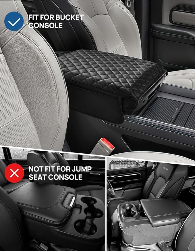 JOYTUTUS Center Console Cover Compatible with 2019-2026 Ram 1500 2500 3500, Leather Arm Rest Armrest Cover for Car, Middle Console Cover Lid, Car Arm Rest Cover Pad Cushion Replacement, with 2 Pockets