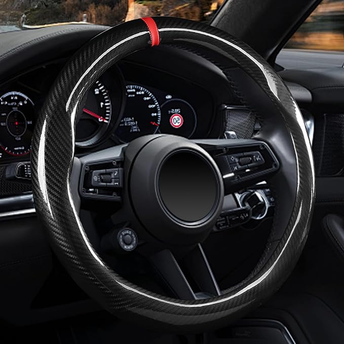 Labbyway Carbon Fiber Steering Wheel Cover, Universal 15 inch, Breathable, Anti-Slip, Warm in Winter and Cool in Summer, Black