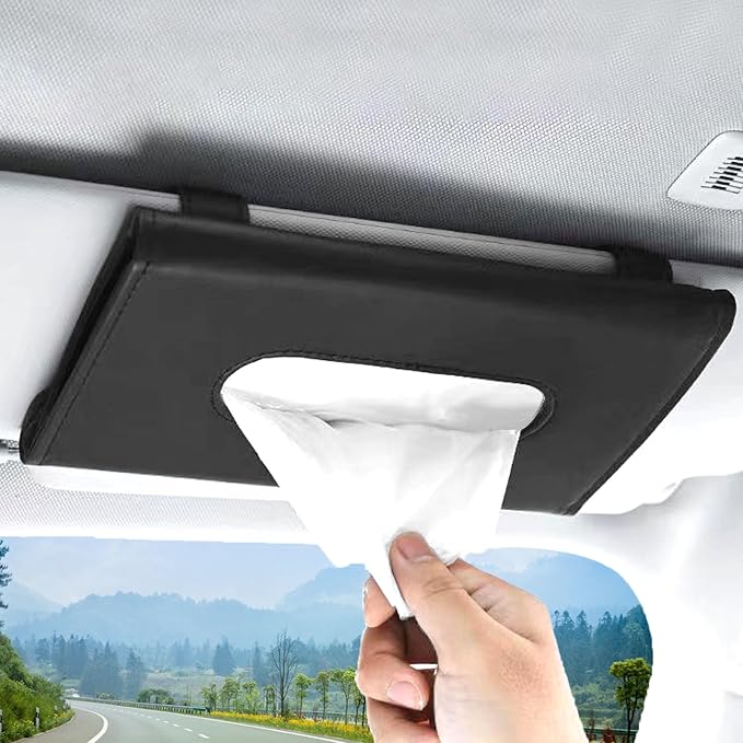 Premium PU Leather Car Tissue Holder Visor for Universal Auto, Car Tissue Case Holder Seat Back with Tissue Refill, Tissue Holder (Black)