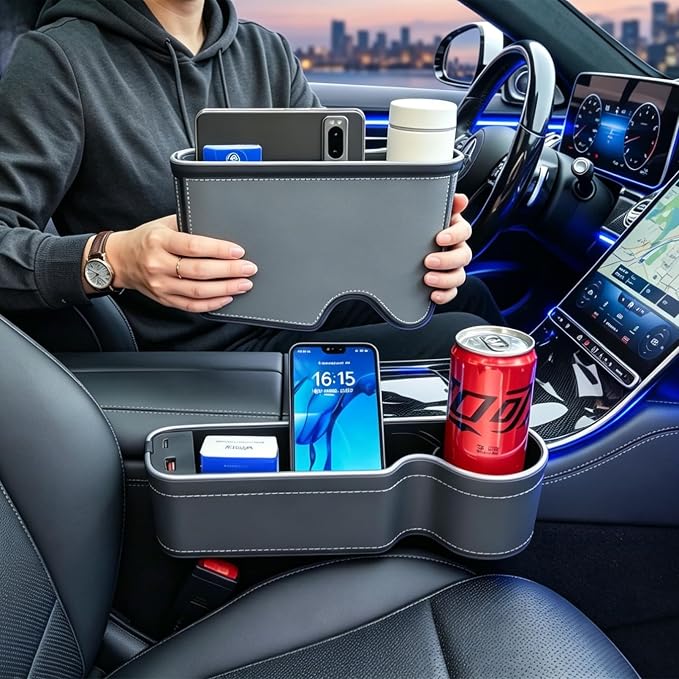 7 Color Led Car Seat Gap Organizer with 56W Type C USB Charging | Multifunctional Front Seat Organizer with Cup Holder Console Organizer Seat Gap Filler with Vibe Lamp for Andriod iPhone Grey