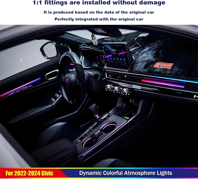 LED Ambient Lighting Kit for 11th Gen Honda Civic - Co-Pilot Glowing Trim, Footwell Light, 4 Luminous Trim Plates, Center Console Light bar