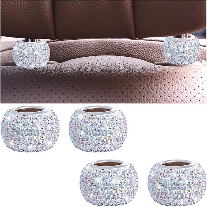 4PCS Bling Car Headrest Collars, Crystal Rhinestone Vehicle Head Rest Collars Decorative Rings, Diamond Automotive Seat Interior Charms Accessories, Universal for SUV, Sedan, Truck (AB Color)