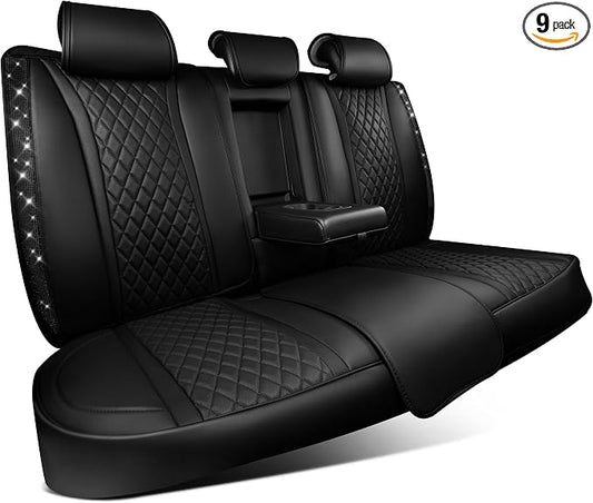 CAR PASS Bling Diamond Back Seat Covers, Nappa Leather Rear Seat Bench Cushion Waterproof Breathable Back Row Protector Universal Fit Car Sedan SUV Pickup Truck Shining Rhinestone Sparkle, Black