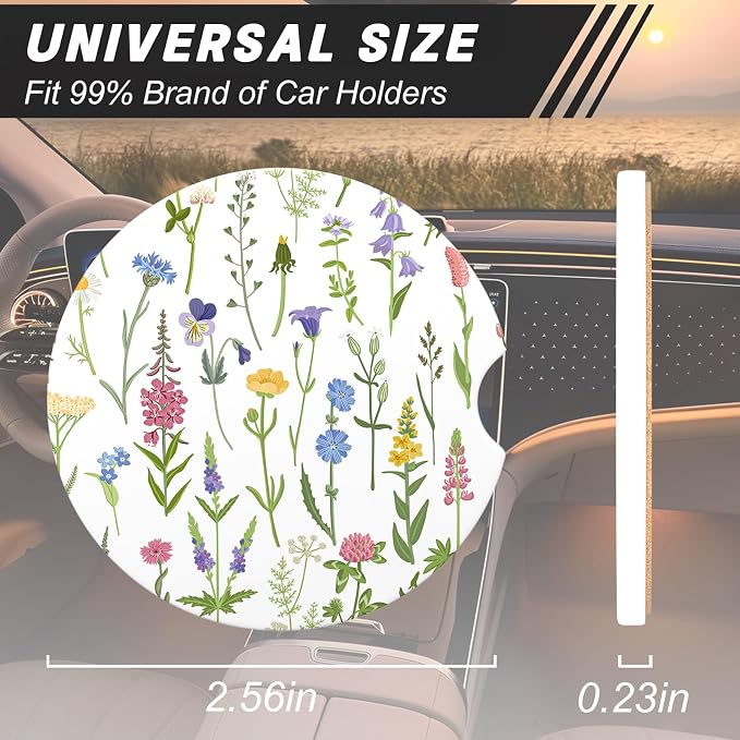 Aiawoxc Car Cup Holder Coasters, 2 Pack Universal Auto Anti Slip Insert Coaster with A Finger Notch, Cup Mat for Most Car Interior, Colorful Flower