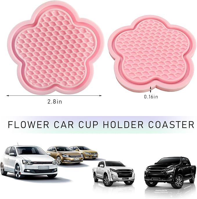 DXNQ 4 PCS Car Cup Coasters, Cute Flower Shaped Car Cup Holder Mat, PVC Waterproof Anti Slip Vehicle Cup Holder Insert Coaster, Universal Car Interior Decor Accessories (Pink)