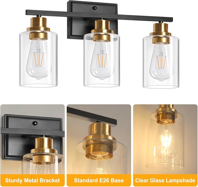 Unicozin 3 Light Bathroom Light Fixtures, Modern Vanity Lights Over Mirror, Black and Gold Wall Lamp with Clear Glass for Living Room Cabinet Bedroom Porch