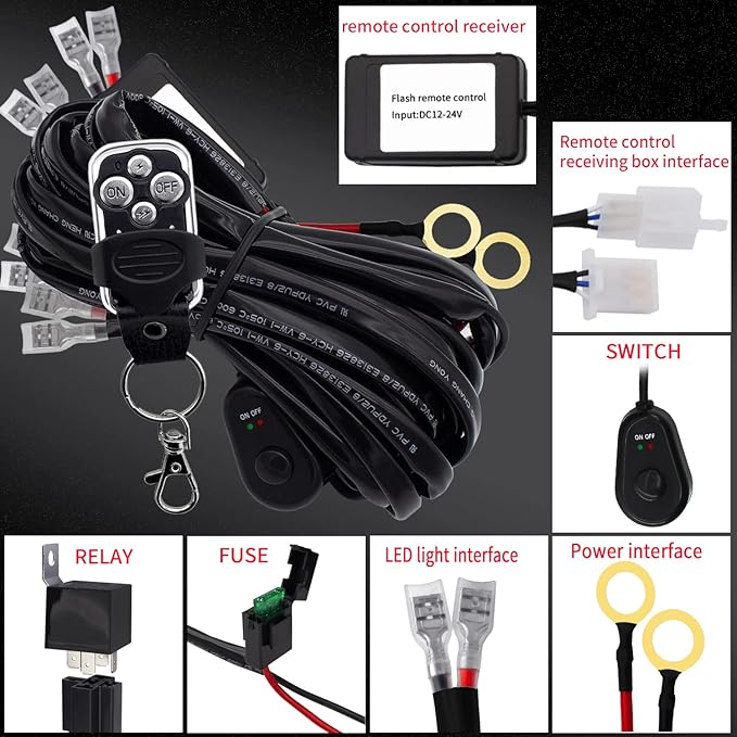 LED Lights Bar Remote Control Wiring Harness Kit 4 Leads DC12V On-Off Switch Power Relay Blade Fuse 14AWG Core Cable Wiring Harness Kit fit for LED Driving Lights Bar Work Auxiliary Lights