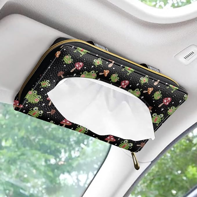 Frog Mushroom Leather Tissue Holder Car Mask Holder PU Leather Car Standard Tissue Holder Durable Visor Tissue Holder Car Visor Accessories Universal Fit Most Cars