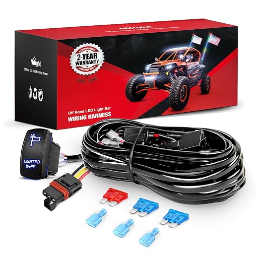 Nilight 16AWG Lighted Whip Wiring Harness Kit with Pulse Power Plug | Connector 12V On Off 5Pin Rocker Switch Relay Fuse for Polaris RZR General Ranger Pulse Bus bar - 2 Leads Blue