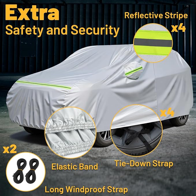 Favoto Car Cover Waterproof All Weather Windproof for SUV 188-198 Inches | UV Protection, Soft Cotton Lining, Driver Door Zipper, Reflective Strips and Storage Bag Included with Vehicle Fitment Silver