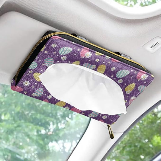 Leathr Egg Print Visor Tissue Holder with Zipper Car Tissue Box Holder Hanging Back Seat Durable Visor Tissue Holder Universal Fit Most Cars