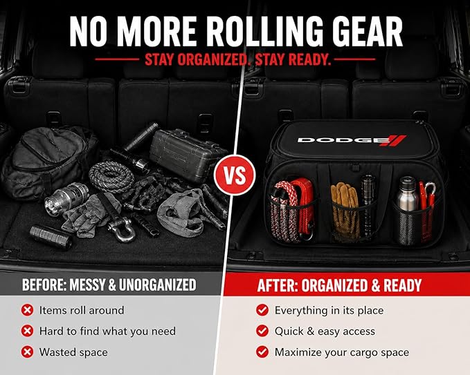 SR1 Performance USA Dodge Pop Up Cargo Organizer – Expandable Collapsible Trunk Storage Caddy for Challenger, Charger, Durango, Hornet, Dart & More – Black with Logo