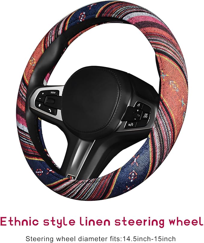 Boho Steering Wheel Cover, Anti-Slip Coarse Flax Cloth Ethnic Style Auto Wheel Cover, Breathable Boho Auto Steering Wheel Protector for Women Men, Car Accessories (Style C)