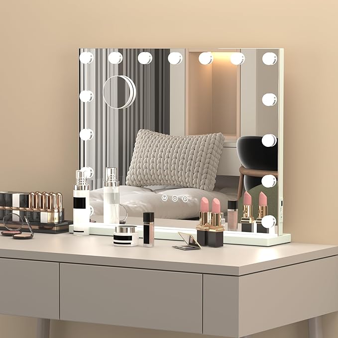 Lighted Vanity Mirror with Lights — 15 LED Bulbs 3 Color Modes Touch Control Makeup Mirror with Detachable 10X Magnifying Mirror, Tabletop & Wall Mount for Bedroom Dressing Table