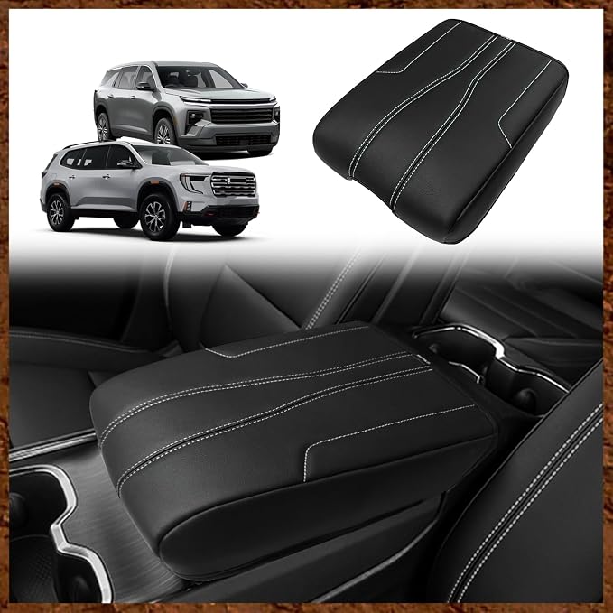 Muslogy Center Console Armrest Cover Fit for GMC Acadia & Chevy Traverse 2024-2026 Accessories, Comfort Armrest Pad Console Lid Cushion Protector Vegan Leather Regular Thick (Black/White Trim)