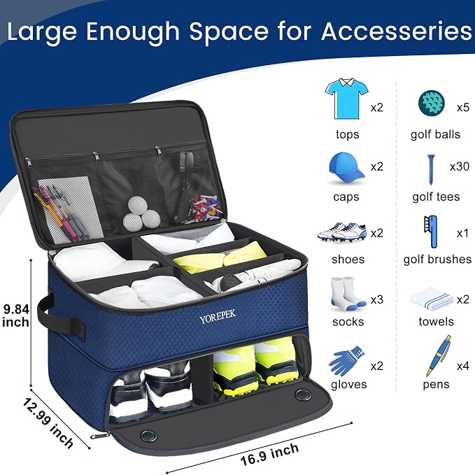 YOREPEK Golf Gifts for Men, 2 Layer Golf Trunk Organizer for 2 Pair Shoes | Waterproof Car Trunk Locker with Separate Ventilated Compartment for Balls, Tees, Clothes, Gloves, Birthday Gifts for Golfers