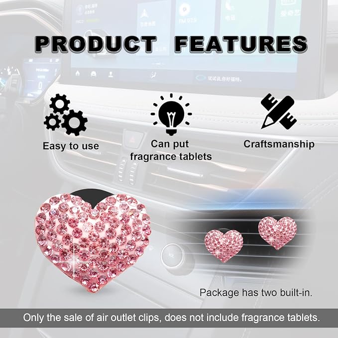2Pcs Bling Crystal Heart Charms Car Vent Clips - Air Conditioning Outlet Decorative Accessories for Women and Men (Pink)